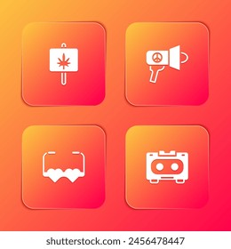 Conjunto de marihuana, megáfono, gafas de amor en forma de corazón y el icono de cinta de audio retro. Vector