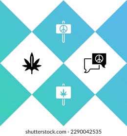 Set Marijuana, , Peace and Speech bubble chat icon. Vector