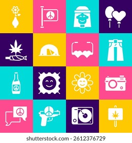 Set Marijuana, Photo camera, Jeans wide, Hippie girl, Tourist tent, joint, spliff, Flower vase and Heart shaped love glasses icon. Vector