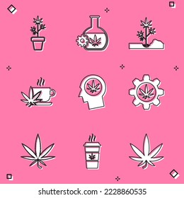 Marijuana Pflanze in Topf, Test Tube mit Marihuana, Planting, Cup Tee, Kopf Profil, Cannabis Blatt und Kaffee Ikone. Vektorgrafik