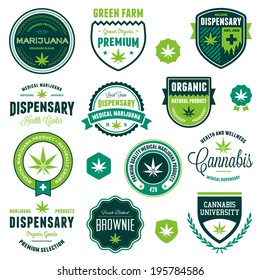 Set of marijuana pot product labels and logo graphics