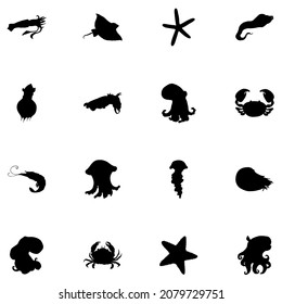 a set of marine animal silhouettes. a collection of hand-drawn marine animals, black silhouette icons, black on white for a design template. Animal marine icons silhouette for concept design.