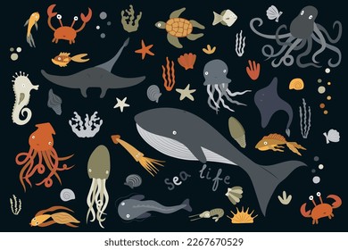 Set of marine animals and aquatic plants. Cartoon sea life vector illustration isolated on black background