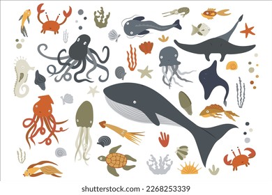 Set of marine animals and aquatic plants. Cartoon sea life vector illustration isolated on white background