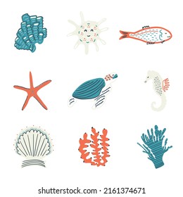 a set of marine animals in bright colors for education, printing, advertising, business, decoration. Turtle, seaweed, starfish, fish, seahorse, shell