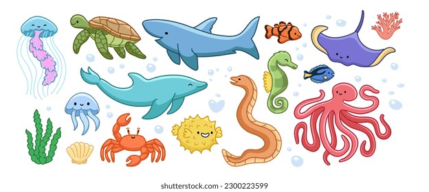 Set marine animals. Cute ocean fish, jellyfish, turtle, shark, stingray, dolphin, crab, octopus. Underwater sea life creatures. Cartoon vector illustration for kids