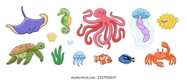 Set marine animals. Cute ocean fish, jellyfish, turtle, stingray, crab, octopus. Underwater sea life creatures. Cartoon vector illustration