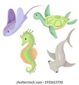 Set of Marine Animals. Electric stingray, sea turtle, hammerhead shark and seahorse. Freehand coloring book. Vector illustration isolated on white background