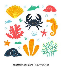 Set of marine animals and elements. Underwater life. Seaweed, crab, fish, seashell, seahorse, bubbles, starfish. Isolated on white background. Vector