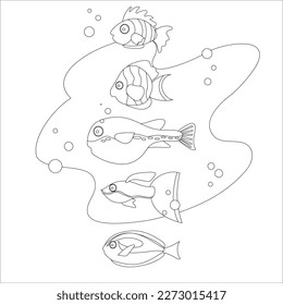 set of marine animals and fish in black and white