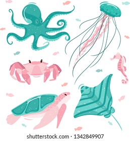 Set of marine animals and fish isolated on white. Octopus, crab, sea turtle, jellyfish, seahorse, Stingray. Vector illustration in cartoon style.