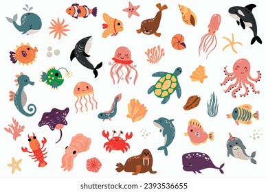 Set of marine animals. Hand-drawn style. White background, isolate.
