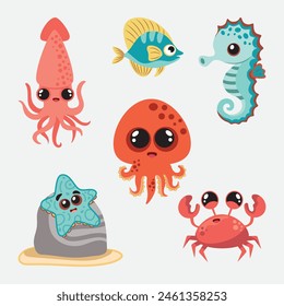 Set of marine animals highlighted on white. Octopus, fish, squid and crab, seahorse and starfish. illustration in the style of cartoon.