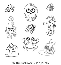 Set of marine animals highlighted on white. Octopus, fish, squid and crab, seahorse and starfish. illustration in the style of a cartoon. black and white image