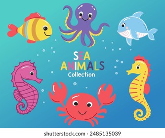 Set of marine animals. Inhabitants of the sea, cute crab, octopus, seahorse. Flat cartoon underwater sea life