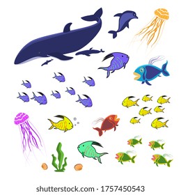 Set of marine animals isolated on white. Colorful fish, jellyfish and whale. A collection of sea creatures for the ocean aquarium. Vector EPS10.