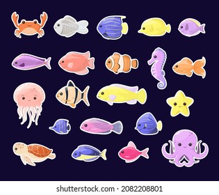 A set of marine animals on a dark background. Cartoon design.
