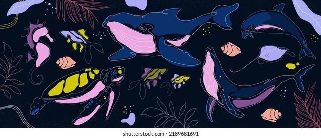 Set Marine Animals Oneline Drawing Vector Stock Vector (Royalty Free ...