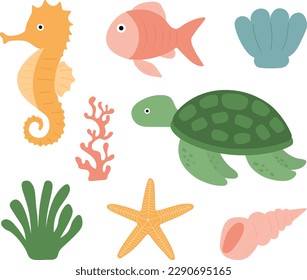 Set marine animals sea shell starfish coral algae vector illustration