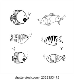 A set of marine animals, sea turtle, clown fish,shells and starfish, jellyfish. Vector linear illustration, black and white hand-drawn illustration highlighted on a white background