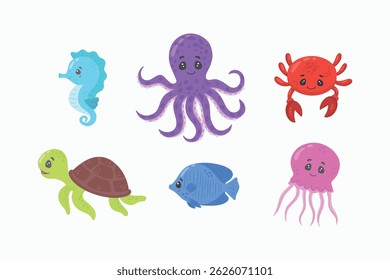 Set of marine animals: turtle, octopus, seahorse, jellyfish, crab, fish. Sea animals collection