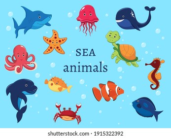 Set of marine animals under water. Whale, octopus, Clown fish, Turtle, Shark, Dolphin, Starfish, Horse, Hedgehog, Fish, Jellyfish. Vector illustration