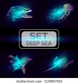 Set marine animals. Vector illustration of a sea. The cramp fish,  dolphin, jellyfish,  crocodile consist of lines. Elements design  for business cards, invitations, gift cards, flyers and brochures, 