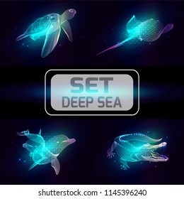 Set marine animals. Vector illustration of a starry sea. The cramp fish,  dolphin,  crocodile, turtle consist of lines. Elements design  for business cards, invitations, gift cards, brochures, web.