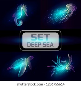 Set marine animals. Vector illustration. The crab,  sea horse, jellyfish, turtle consist of lines.Digital elements design  for business cards, invitations, gift cards, flyers and brochures, web.