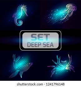 Set marine animals. Vector illustration. The crab,  sea horse, seal, jellyfish consist of lines.Digital elements design  for business cards, invitations, gift cards, flyers and brochures, web.