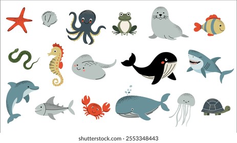 Set of marine animals. Water inhabitants. Fishes, crab, octopus, seal, seahorse. Flat cartoon underwater sea life