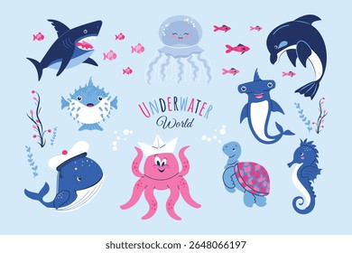 A set of marine animals. Wild marine life, fish, and underwater plants. Whale, octopus, jellyfish, seahorse, dolphin, shark, turtle. Vector illustration