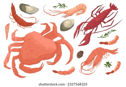 Satz mariner Arthropoden. Krabbe, Garnelen, Hummer. mediterrane oder asiatische Küche. Set von Meeresfrüchten. Eiweiß- und Jod-reiche Lebensmittel Vektorgrafik einzeln auf weißem Hintergrund.