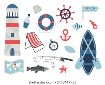 A set of marine attributes, a lighthouse, a steering wheel, a bottle of rum. Vector illustration of icons on a marine theme, sea adventures