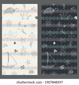 Set of Marine baby seamless pattern with cute marine life