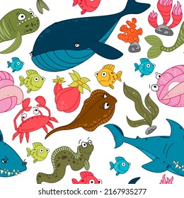 Set of Marine Baby Seamless Pattern with Cute Marine Life. Children's sea illustration. Childish Cartoon Image of Marine Life. Social Media Sticker Design, NFT Design, Digital Art.