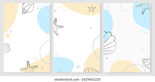 Set of marine backgrounds with sea ​​creatures and shells. Summer template for banner, card, note, invitation, sale and promotion.