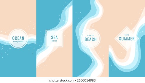 Set of marine backgrounds. Summer vacation flat poster concept. Sea, beach, sand, coastline, top view. Frame with headline. Vector image. Design for wallpaper, invitation, sale, brochure cover. 
