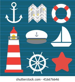 Set of marine and beach flat icons. Vector illustration.