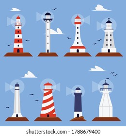 Set of marine beacon or lighthouse buildings in various shapes, flat vector illustration isolated on blue background. Sea navigation lighthouse towers collection.