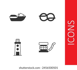 Set Marine bollard with rope, Jet ski, Lighthouse and Nautical knots icon. Vector