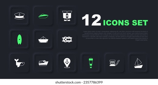 Set Marine bollard with rope, Yacht sailboat, Folded paper, Spyglass telescope lens, Surfboard, Speedboat,  and Location anchor icon. Vector