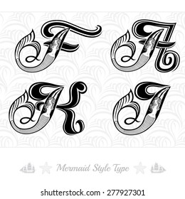 Set of marine capital letter with swimming mermaid - f, k, a, j. Vintage engraving style