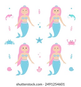 Set of marine cartoon characters: sleeping mermaid, smiling mermaid, laughing mermaid, rejoicing mermaid, crab, shrimp, starfish with shell, algae, bubble, coral.