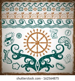 Set of marine characters and ornaments