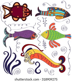 Set of marine decorative graphic. Different colored fish, filigree and  swirl.