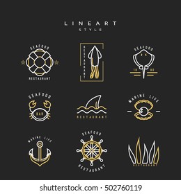 Set Marine design element linear style, Marine life lineart icon