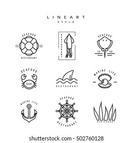 Set Marine design element linear style, Marine life lineart icon