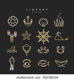 Set Marine design element linear style, Marine life lineart icon isolated on black background. vector illustration