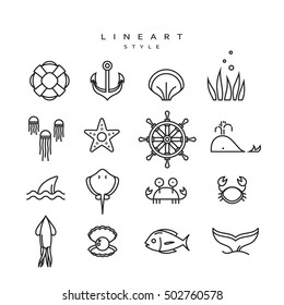 Set Marine Design Element Linear Style, Marine Life Lineart Icon